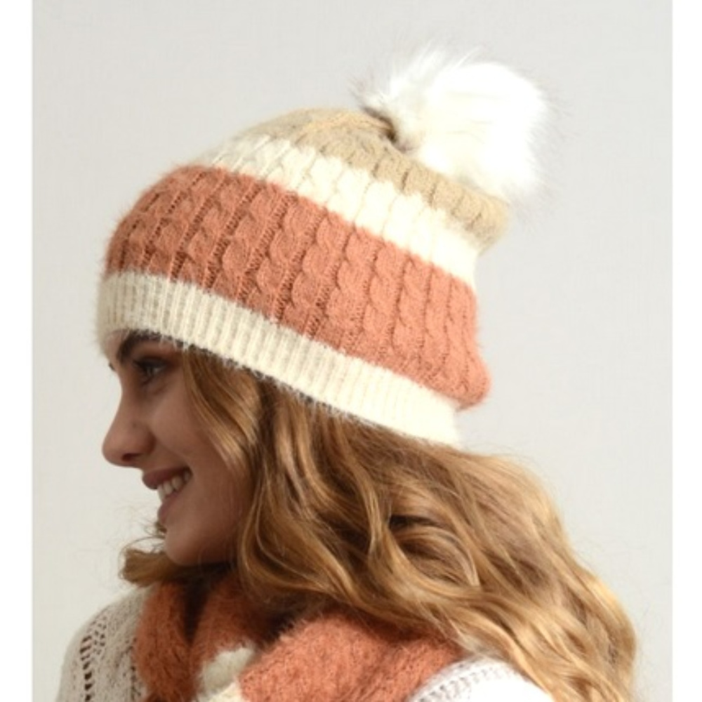 💲Sale 10/$15 ❤️ - Soft Mohair Stripe Cable Knit Cream Coral Tan Beanie Pompom